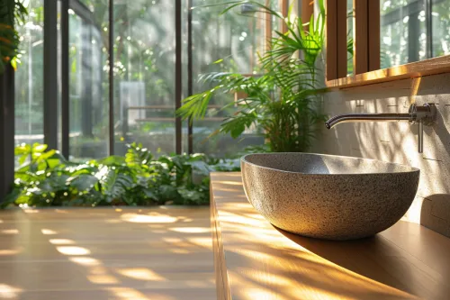 Salle de bain avec matériaux éco-responsables.